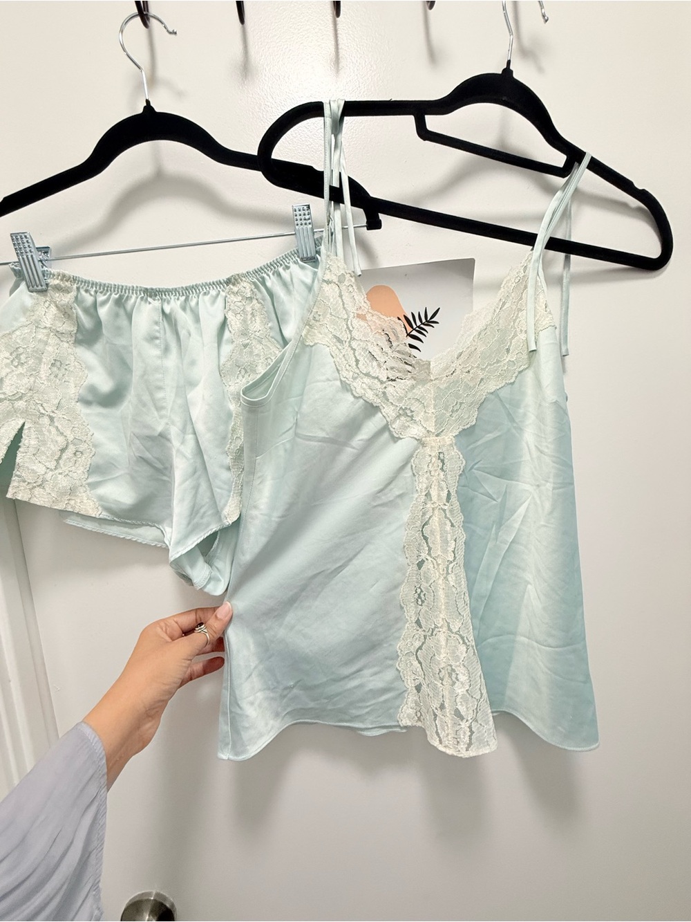 Light Mint Green Lace-Trim Satin Camisole & Shorts Set Size M